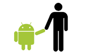 Logo do android segurando a mão de uma pessoa